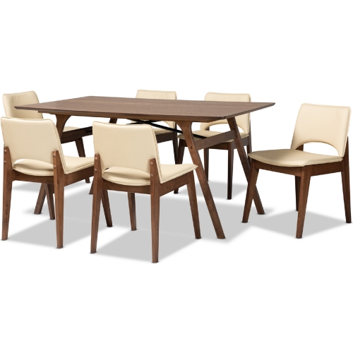 Afton 7 Piece Dining Set in Beige Leatherette & Walnut Finish