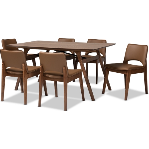 Afton 7 Piece Dining Set in Brown Leatherette & Walnut Finish