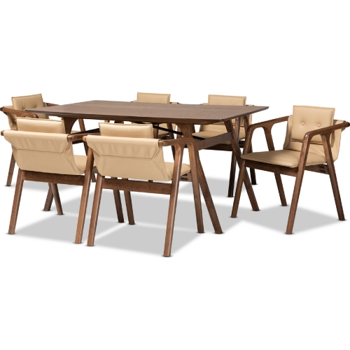 Marcena 7 Piece Dining Set in Beige Leatherette & Walnut Finish