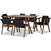 Marcena 7 Piece Dining Set in Black Leatherette & Walnut Finish