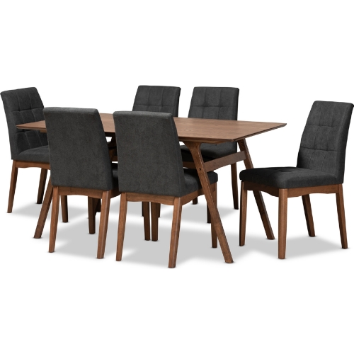 Tara 7 Piece Dining Set in Dark Gray Fabric & Walnut Finish Wood