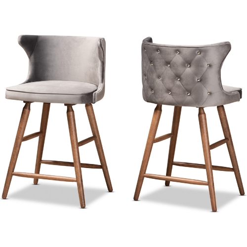 Sagira Counter Stool in Tufted Gray Velvet & Walnut Finish (Set of 2)