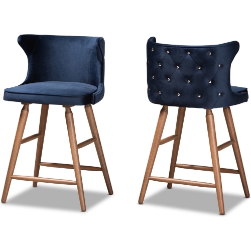 Sagira Counter Stool in Tufted Navy Blue Velvet & Walnut Finish (Set of 2)