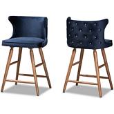 Sagira Counter Stool in Tufted Navy Blue Velvet & Walnut Finish (Set of 2)