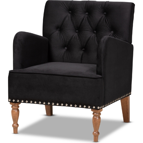 Eri Accent Chair in Tufted Black Velvet & Walnut Finish