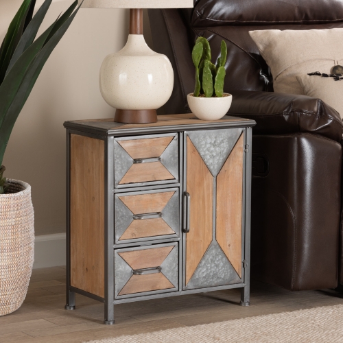 Laurel 3 Drawer Storage Cabinet in White Wash Oak Finish & Gray Metal