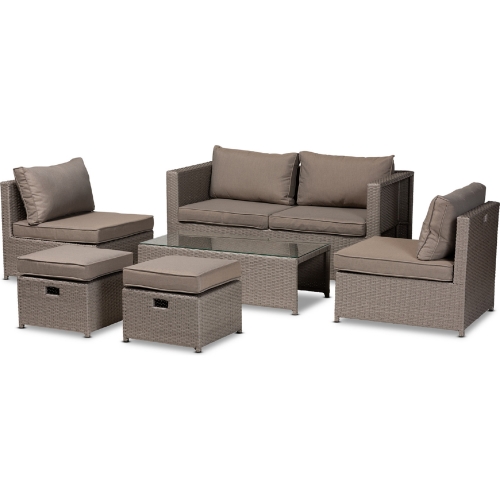 Haina 6 Piece Outdoor Loveseat Set in Gray Fabric & Gray PE Rattan