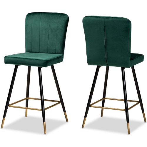 Preston Bar Stool in Green Velvet, Black & Gold (Set of 2)