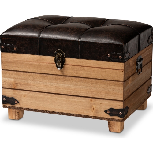 Edmund Storage Ottoman in Dark Brown Leatherette & Oak Finish