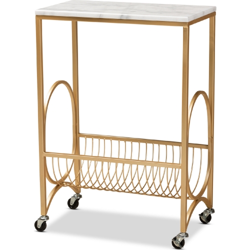 Jacek Wine Kitchen Cart In White Marble & Gold Metal