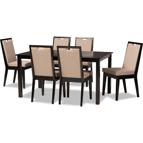 Rosa 7 Piece Dining Set in Sand Fabric & Dark Wood