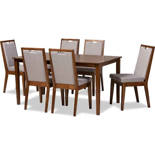 Rosa 7 Piece Dining Set in Gray Fabric & Walnut Finish Wood