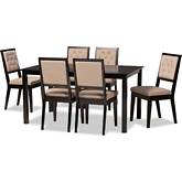 Suvi 7 Piece Dining Set in Sand Fabric & Dark Wood