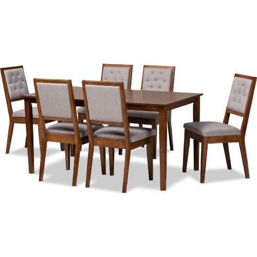 Suvi 7 Piece Dining Set in Gray Fabric & Walnut Finish Wood