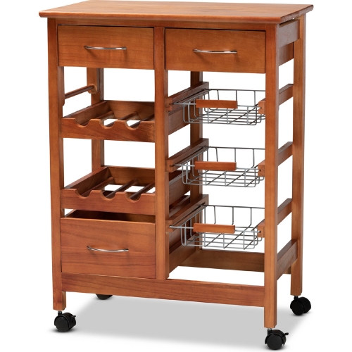 Crayton Kitchen Cart in Oak Brown Finish & Silver Metal