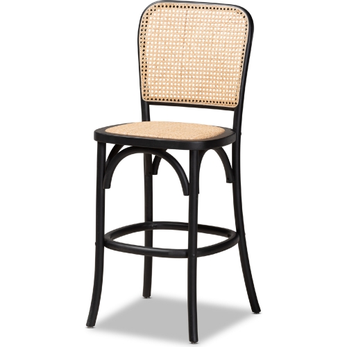 Vance Counter Stool in Brown Woven Rattan & Black Wood Cane