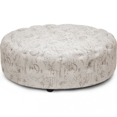 Cardiff Ottoman in Tufted Beige Script Print Fabric