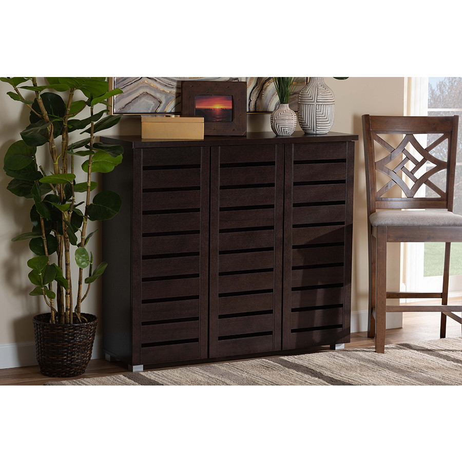 Baxton SC863533 Wenge Adalwin 3 Door Shoe Storage Cabinet in Dark