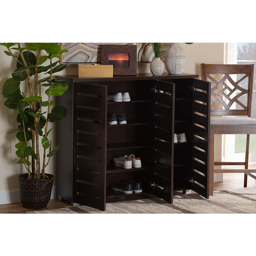 Baxton SC863533 Wenge Adalwin 3 Door Shoe Storage Cabinet in Dark