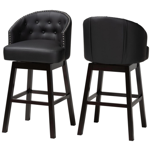 Avril Swivel Bar Stool in Tufted Black Leatherette w/ Nailhead (Set of 2)