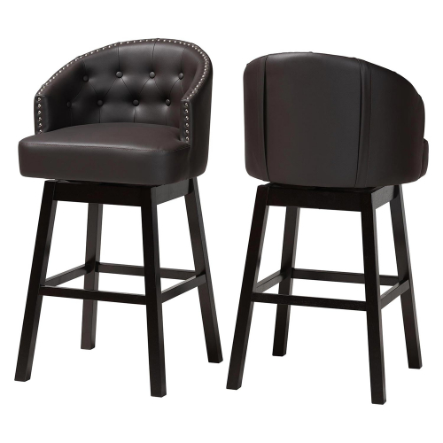 Avril Swivel Bar Stool in Tufted Brown Leatherette w/ Nailhead (Set of 2)