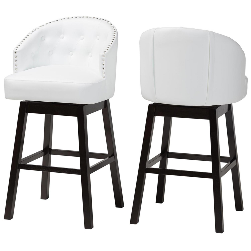 Avril Swivel Bar Stool in Tufted White Leatherette w/ Nailhead (Set of 2)