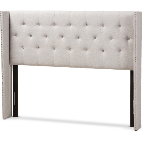 Ally King Winged Headboard in Tufted Gray Beige Fabric w/Nailhead