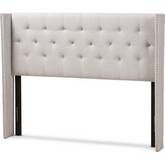 Ally King Winged Headboard in Tufted Gray Beige Fabric w/Nailhead