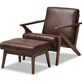 Bianca Lounge Chair & Ottoman in Distressed Brown & Walnut