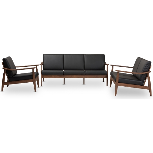 Venza 3 Piece Sofa Set in Black Leatherette & Walnut Finish