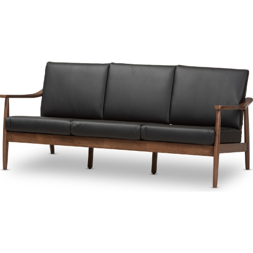 Venza Sofa in Black Leatherette & Walnut Finish