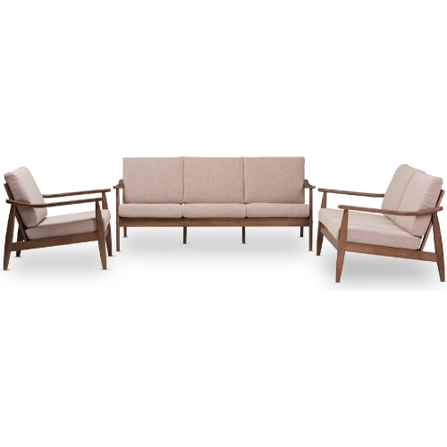 Venza 3 Piece Sofa Set in Light Brown Fabric & Walnut Finish