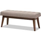 Elia Bench in Tufted Light Gray Fabric & Walnut Wood