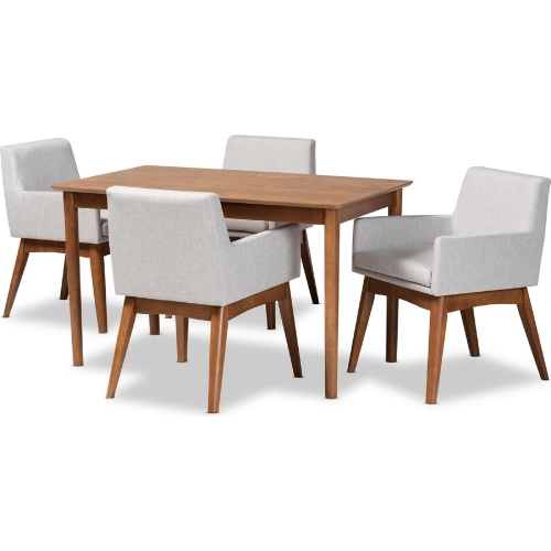 Dorina 5 Piece Dining Set in Beige Gray Fabric & Walnut Finish