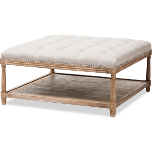 Carlotta Coffee Table Square Ottoman in Beige Linen & Weathered Oak