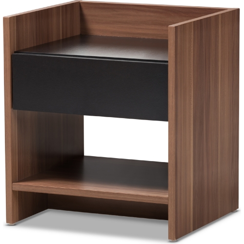 Vanda 1 Drawer Nightstand in Walnut Finish & Black Wood