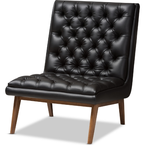 Annetha Accent Lounge Chair in Tufted Black Leatherette & Walnut Finish