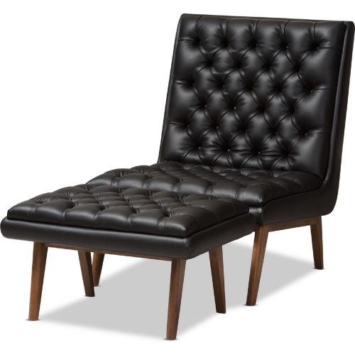 Annetha Accent Lounge Chair & Ottoman in Tufted Black Leatherette & Walnut