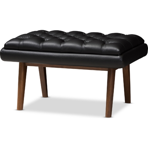 Annetha Ottoman in Tufted Black Leatherette & Walnut Finish