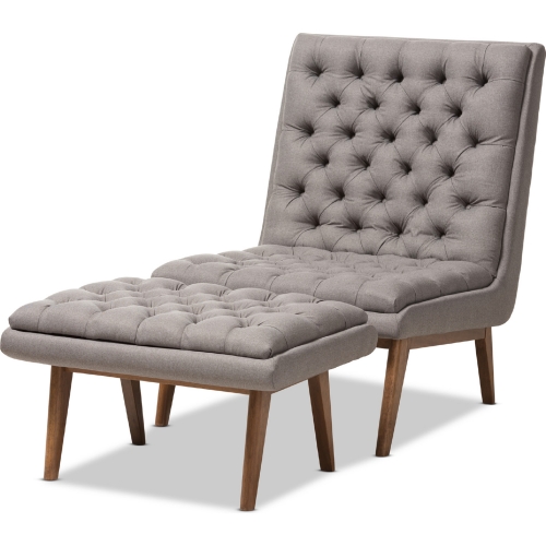 Annetha Accent Lounge Chair & Ottoman in Tufted Gray Fabric & Walnut