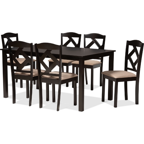 Ruth 7 Piece Dining Set in Sand Fabric & Dark Wood