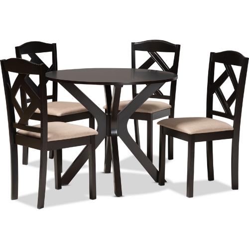 Carlin 5 Piece Dining Set Sand Fabric & in Dark Brown Wood