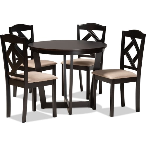 Morigan 5 Piece Dining Set in Sand Fabric & Dark Wood