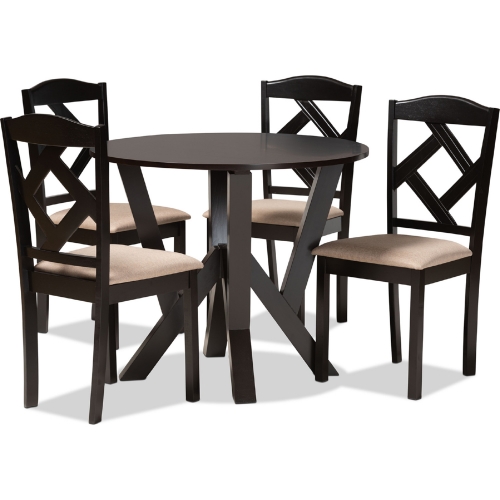 Riona 5 Piece Dining Set in Sand Fabric & Dark Wood