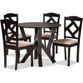 Riona 5 Piece Dining Set in Sand Fabric & Dark Wood