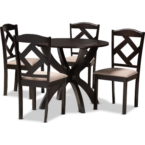 Quinlan 5 Piece Dining Set in Sand Fabric & Dark Brown Wood