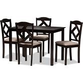 Ruth 5 Piece Dining Set in Beige Fabric & Dark Wood