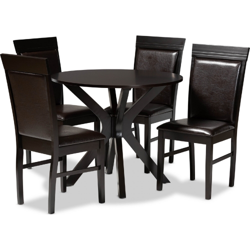 Jeane 5 Piece Dining Set in Brown Leatherette & Dark Brown Wood