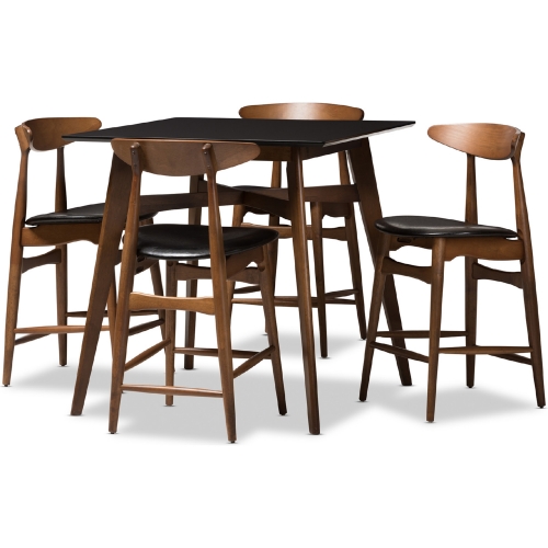 Flora 5 Piece Counter Dining Set in Black Leatherette & Walnut