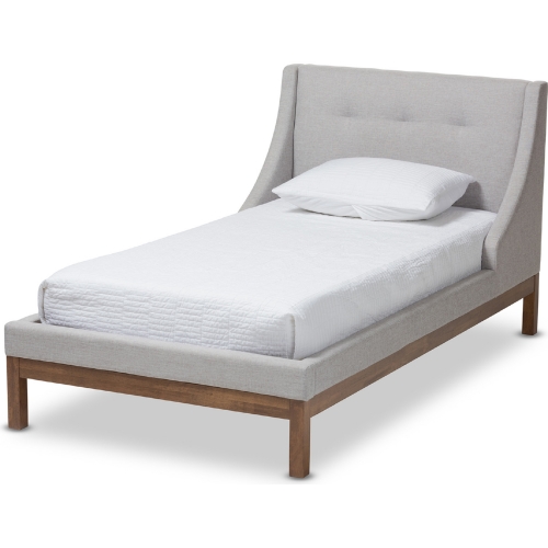 Louvain Twin Platform Bed in Gray Beige Fabric & Walnut Finish